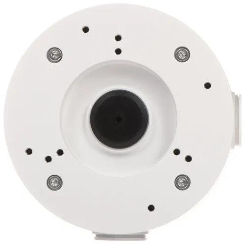 Zdjęcie przedstawia okrągłą, białą podstawę montażową do kamery z kilkoma otworami na śruby. W centrum znajduje się czarny element, prawdopodobnie miejsce na mocowanie kamery.