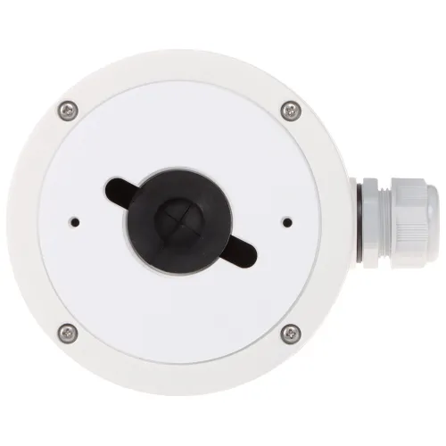 Zdjęcie przedstawia okrągłą, białą podstawę montażową kamery z czarnym środkiem i czterema srebrnymi śrubami na krawędziach. Po prawej stronie znajduje się szary złącznik kablowy.