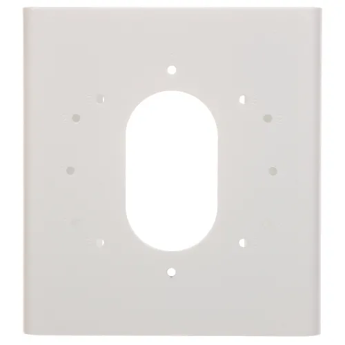 Na zdjęciu znajduje się biały panel montażowy z owalnym otworem pośrodku i kilkoma mniejszymi otworami wokół niego. Panel jest prostokątny i przeznaczony do mocowania kamery.