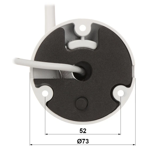 Widok od strony mocowania kamery pokazuje okrągłą podstawę z trzema otworami montażowymi i przewodem wychodzącym ze środka. Na zdjęciu widoczne są również wymiary podstawy: średnica 73 mm i odległość między otworami 52 mm.