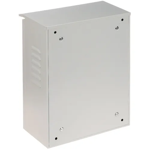 Metalowa skrzynka elektryczna w kolorze szarym z widocznymi otworami montażowymi na przedniej stronie. Po lewej stronie znajdują się otwory wentylacyjne.