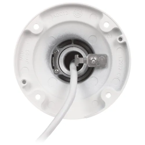 Zdjęcie przedstawia widok od spodu okrągłego uchwytu montażowego z centralnie umieszczonym kablem. Uchwyt jest w kolorze białym z metalicznymi elementami w środku.