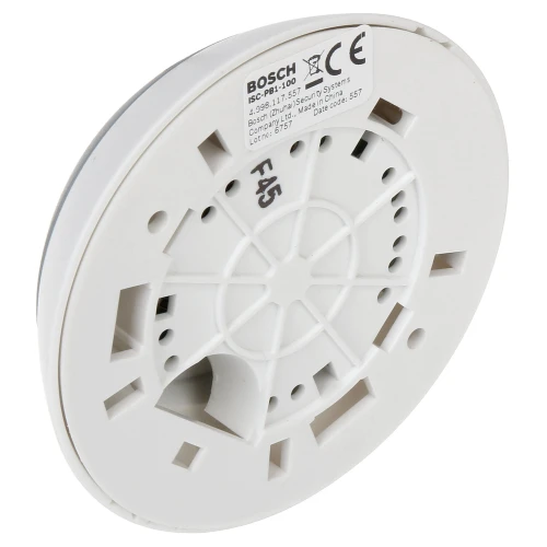 Na zdjęciu znajduje się biały czujnik dymu marki Bosch z widocznymi otworami montażowymi i oznaczeniami technicznymi na obudowie. Produkt ma okrągły kształt i jest przeznaczony do montażu sufitowego.