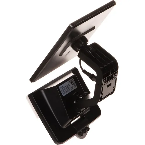 Czarny monitor z płaskim ekranem widziany z boku i z tyłu, zamontowany na regulowanym uchwycie. Na tylnej części monitora widoczna jest tabliczka znamionowa oraz podłączony kabel zasilający.