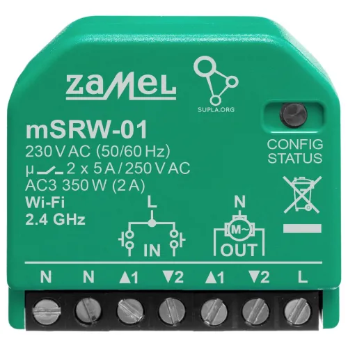 Zielony moduł Zamel mSRW-01 z białymi oznaczeniami technicznymi i logo, przeznaczony do sterowania urządzeniami elektrycznymi. Widoczne są złącza i symbole wskazujące na funkcje Wi-Fi oraz parametry elektryczne.