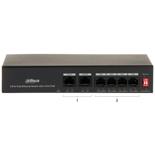 Na zdjęciu znajduje się 6-portowy przełącznik Fast Ethernet marki Dahua z 4 portami PoE, oznaczony jako model z funkcją zasilania urządzeń sieciowych. Przełącznik posiada dwa porty uplink oraz cztery porty PoE, z widocznymi diodami LED sygnalizującymi status połączenia i zasilania.