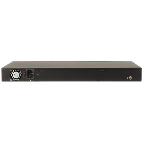 Czarne urządzenie elektroniczne w obudowie rackowej widziane od tyłu, z widocznym wentylatorem i gniazdem zasilania po lewej stronie. Obudowa ma prosty, minimalistyczny design z kilkoma śrubami mocującymi.