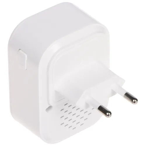 Biały, kompaktowy adapter elektryczny z wtyczką typu C, widoczny z tyłu. Posiada otwory wentylacyjne i przycisk z boku obudowy.