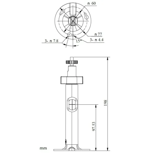Schemat techniczny uchwytu przedstawia widok z góry i z boku, z zaznaczonymi wymiarami w milimetrach. Widoczne są szczegóły konstrukcyjne, takie jak otwory montażowe i kąty nachylenia.