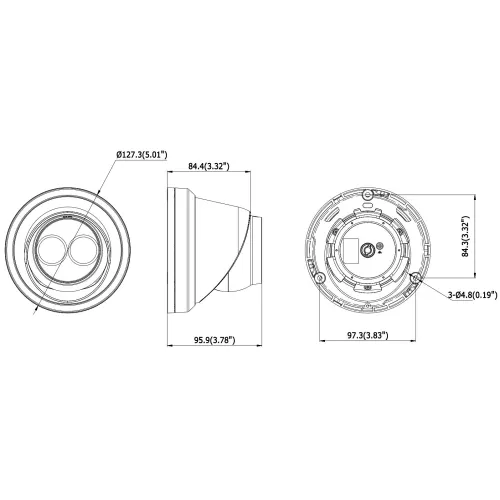 Schemat przedstawia wymiary kamery, ukazując widok z przodu, z boku i od spodu. Wymiary są podane w milimetrach i calach, a rysunek zawiera szczegóły techniczne, takie jak średnica i odległości montażowe.