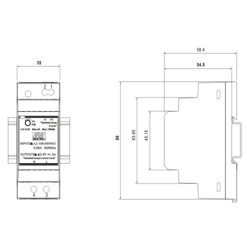Schemat przedstawia wymiary urządzenia elektrycznego z widokiem z przodu i z boku, z podanymi szczegółowymi wymiarami w milimetrach. Na froncie widoczne są oznaczenia techniczne oraz specyfikacje dotyczące napięcia i prądu.