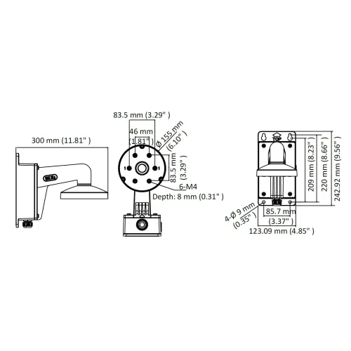 Schemat przedstawia wymiary uchwytu montażowego z trzema widokami: z boku, z przodu i z góry, z dokładnymi pomiarami w milimetrach i calach. Widoczne są otwory montażowe, oznaczenia TOP oraz szczegóły dotyczące głębokości i średnicy elementów.