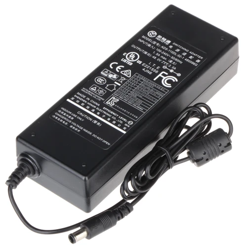 Czarny zasilacz impulsowy Dahua ADS-110DL-52-1 z etykietą techniczną na górze. Posiada przewód z wtykiem zasilającym i ferrytowym rdzeniem.