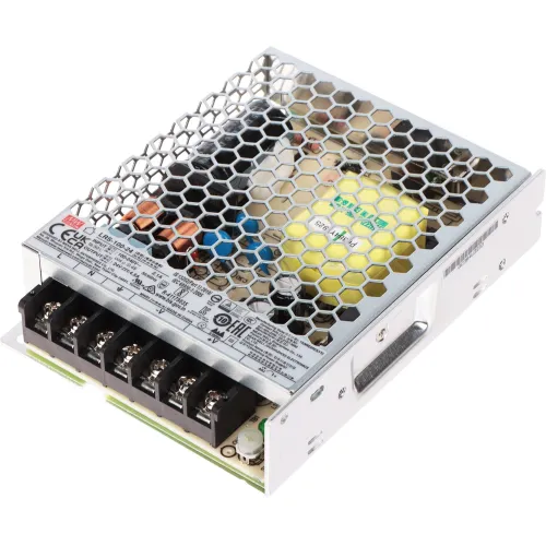 Zasilacz impulsowy LRS-100-24 Mean Well z metalową obudową o strukturze plastra miodu. Widoczne są złącza i oznaczenia techniczne na powierzchni urządzenia.