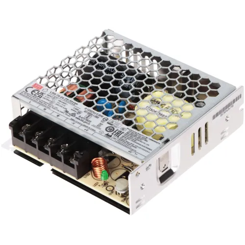 Zasilacz impulsowy LRS-75-24 Mean Well z metalową obudową o strukturze plastra miodu, ukazujący wewnętrzne komponenty elektroniczne. Widoczne są złącza, kondensatory i cewki na płytce drukowanej.