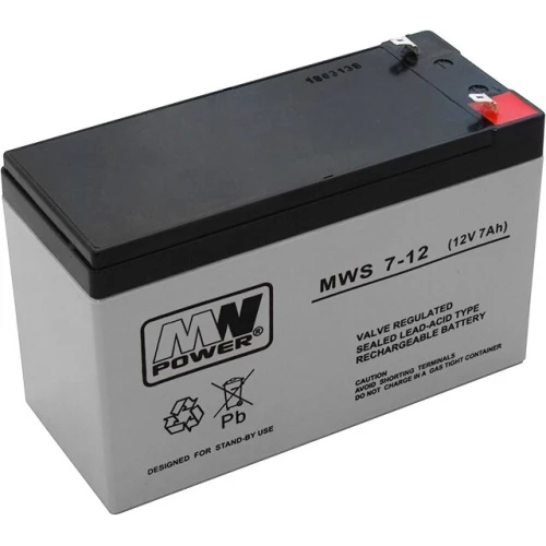 Na zdjęciu znajduje się akumulator MW Power MWS 7-12 o pojemności 12V 7Ah. Akumulator MW Power MWS 7-12 jest przeznaczony do systemów zasilania awaryjnego.