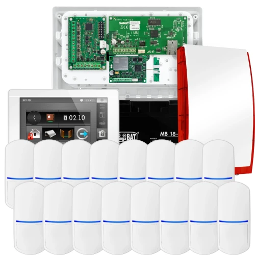 SATEL INTEGRA 32 larmpaket, 16x PET-detektor, siren, vit manöverpanel INT-TSI-W, LTE-kommunikation