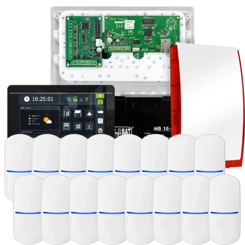 SATEL INTEGRA 32 larmpaket, 16x PET-detektor, siren, svart manöverpanel INT-TSI-B