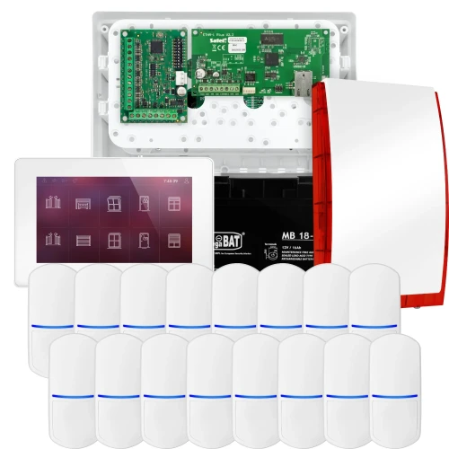 SATEL INTEGRA 32 larmpaket, 16x detektor, siren, vit manöverpanel INT-TSH2-W