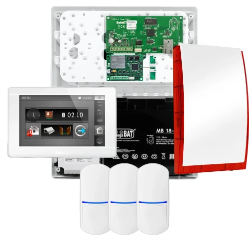 SATEL INTEGRA 32 larmset, 3x detektor, siren, vit manöverpanel INT-TSI-W, LTE-kommunikation