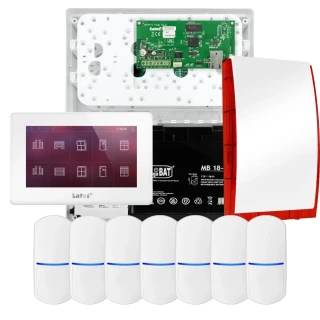 SATEL INTEGRA 32 larmpaket, 7x detektor, siren, vit manöverpanel INT-TSH2-W