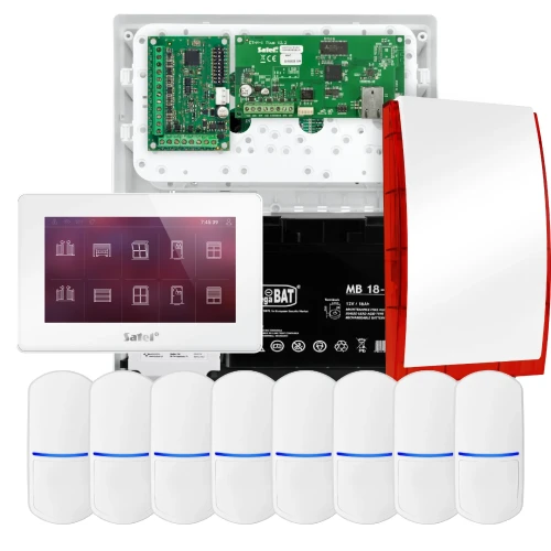 SATEL INTEGRA 32 larmpaket, 8x detektor, siren, vit manöverpanel INT-TSH2-W