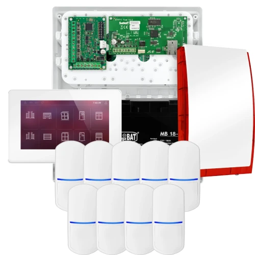 SATEL INTEGRA 32 larmpaket, 9x detektor, siren, vit manöverpanel INT-TSH2-W