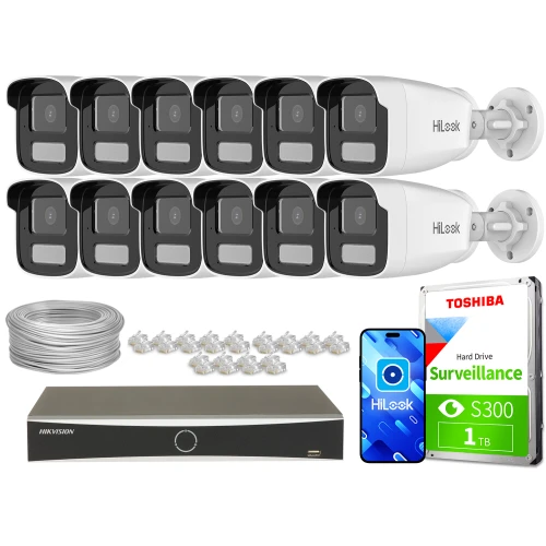 Zestaw do monitoringu składający się z dwunastu kamer HiLook, rejestratora Hikvision, dysku twardego Toshiba oraz akcesoriów montażowych. Na zdjęciu widoczne są również przewody i złącza potrzebne do instalacji systemu.
