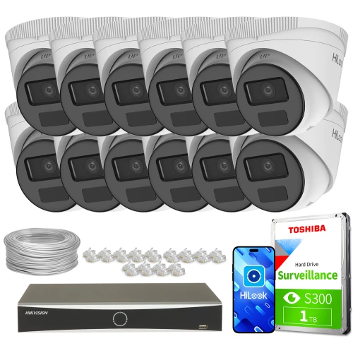 Zestaw do monitoringu składający się z dwunastu kamer kopułkowych HiLook, rejestratora Hikvision, dysku twardego Toshiba o pojemności 1 TB, przewodów oraz złączek. Kamery są ułożone w dwóch rzędach, a pozostałe elementy zestawu rozmieszczone są poniżej.