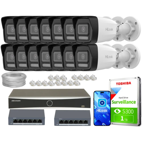 Zestaw do monitoringu składający się z czternastu kamer HiLook, dysku twardego Toshiba o pojemności 1 TB, dwóch switchów, rejestratora oraz kabli i złączek. Elementy są rozmieszczone na białym tle, prezentując kompletny system nadzoru.