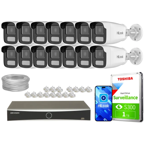 Zestaw do monitoringu składający się z czternastu kamer IP HiLook, rejestratora Hikvision, dysku twardego Toshiba 1TB oraz akcesoriów montażowych. Na zdjęciu widoczne są również przewody i złącza potrzebne do instalacji systemu.