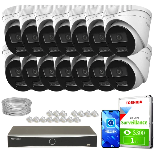 Zestaw do monitoringu składający się z czternastu kamer IP, rejestratora, dysku twardego Toshiba 1 TB, kabla oraz złączek. Kamery są białe z czarnymi elementami, a rejestrator ma prostokątny kształt z okrągłym przyciskiem na przednim panelu.