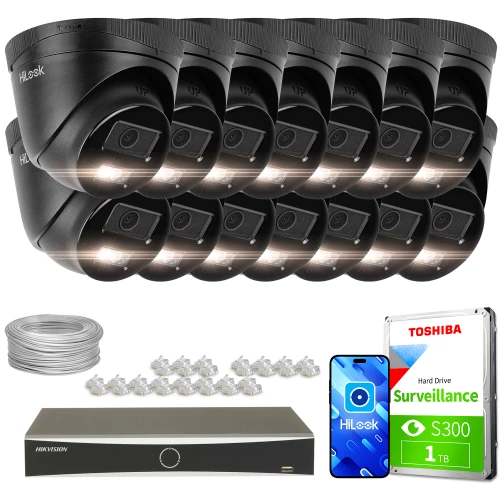 Zestaw do monitoringu składający się z czternastu kamer HiLook, rejestratora, dysku twardego Toshiba o pojemności 1 TB, kabla oraz złączek. Kamery są ułożone w dwóch rzędach, a pozostałe elementy zestawu rozmieszczone są poniżej.