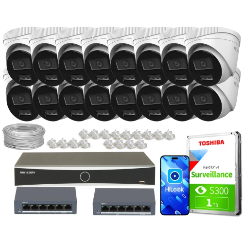 Zestaw do monitoringu składający się z szesnastu kamer, rejestratora, dwóch switchów, dysku twardego Toshiba oraz akcesoriów montażowych. Na zdjęciu widoczny jest również kabel sieciowy i złącza RJ45.