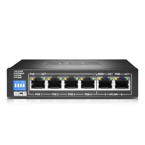 Na zdjęciu znajduje się czarny switch sieciowy BCS z sześcioma portami Ethernet, z widocznymi diodami LED nad każdym portem. Po lewej stronie urządzenia znajdują się przełączniki DIP oznaczone jako AI VLAN, AI Extend, AI PoE i AI QoS.