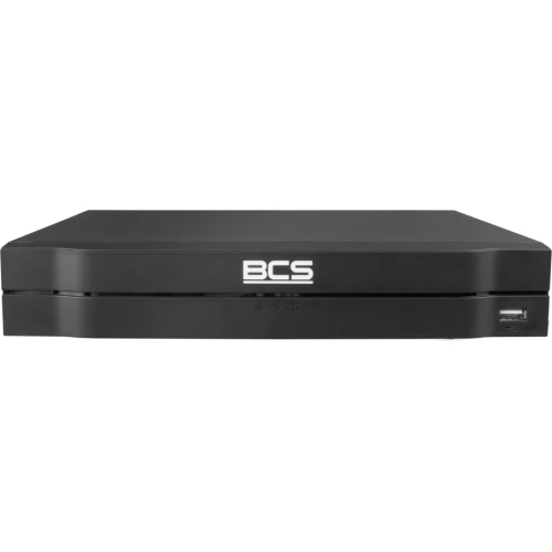 Czarny rejestrator BCS z logo na przednim panelu, wyposażony w port USB po prawej stronie. Urządzenie ma prosty, nowoczesny design z gładką powierzchnią.