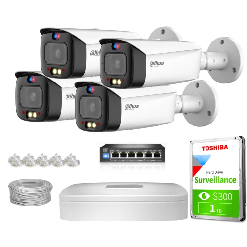 Zestaw do monitoringu składający się z czterech kamer Dahua, dysku twardego Toshiba o pojemności 1 TB, rejestratora oraz akcesoriów takich jak kable i złącza. Kamery są białe z czarnymi elementami, a dysk twardy jest oznaczony jako przeznaczony do nadzoru.