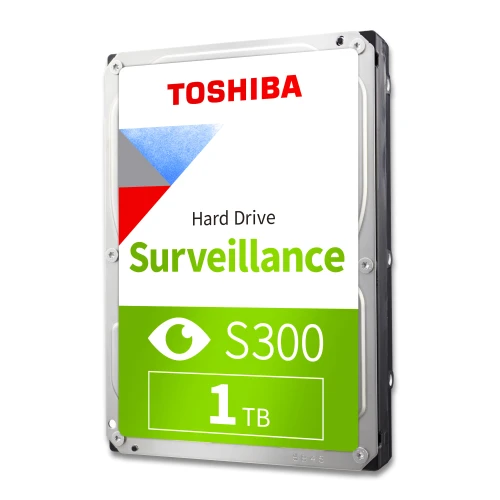 Zdjęcie przedstawia dysk twardy Toshiba S300 o pojemności 1 TB, przeznaczony do monitoringu. Na etykiecie widnieje napis "Surveillance" oraz symbol oka.