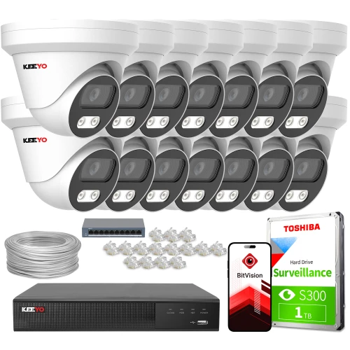Zestaw do monitoringu składający się z dwunastu kamer, rejestratora, dysku twardego Toshiba, kabla oraz akcesoriów montażowych. Na zdjęciu widoczne są również aplikacja mobilna BitVision i logo marki KeeYo.