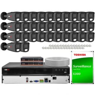 Zestaw do monitoringu IP składający się z 20 kamer, dwóch switchów, rejestratora oraz dysku twardego Toshiba S300. W zestawie znajdują się również kable i złącza niezbędne do instalacji.