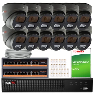 Zestaw do monitoringu składający się z dwunastu kamer, dwóch rejestratorów, dysku twardego Toshiba S300 oraz kabli i złączek. Kamery są koloru czarnego, a rejestratory mają logo Keeyo.