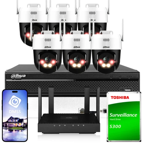 Zestaw do monitoringu składający się z sześciu kamer Dahua, rejestratora, routera oraz dysku twardego Toshiba. Na zdjęciu widoczny jest również smartfon z aplikacją do zarządzania systemem.