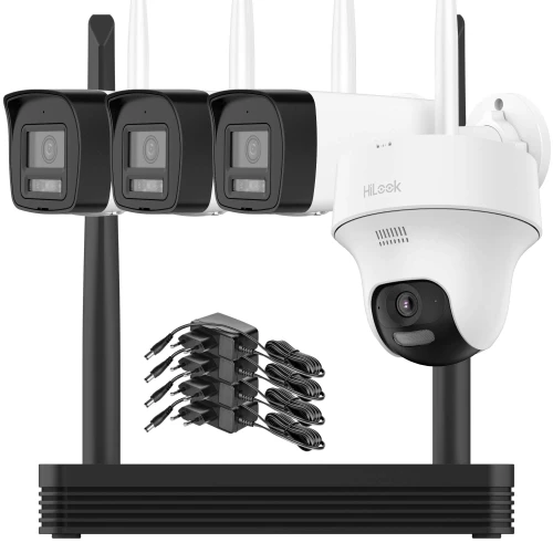 Zestaw do monitoringu Wi-Fi składający się z trzech czarnych kamer, jednej białej kamery obrotowej oraz zestawu kabli i zasilaczy. Kamery są umieszczone na czarnym stojaku, a całość prezentuje się nowocześnie i profesjonalnie.