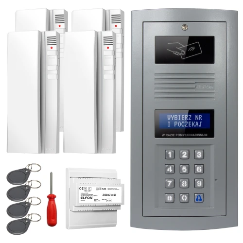 Zestaw domofonowy składa się z cyfrowego panelu z klawiaturą numeryczną i wyświetlaczem, czterech białych unifonów, czterech breloków zbliżeniowych oraz śrubokręta. Panel frontowy jest w kolorze szarym z miejscem na kartę zbliżeniową.
