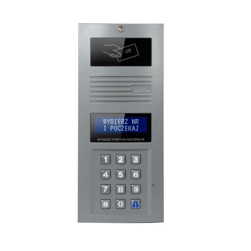 Cyfrowy panel domofonowy z klawiaturą numeryczną i wyświetlaczem LCD, na którym widnieje komunikat "WYBIERZ NR I POCZEKAJ". Urządzenie posiada również ikonę zbliżeniową do kart dostępu oraz logo producenta Elfon.