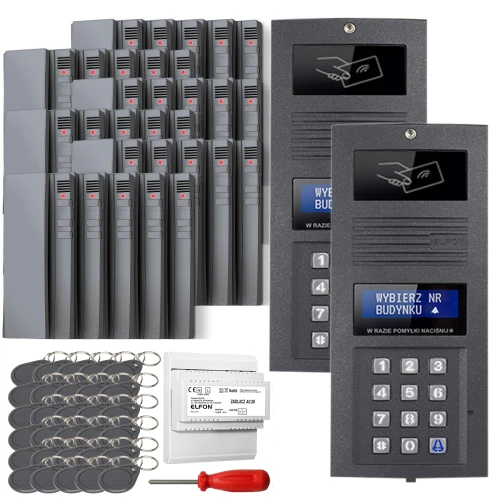 Zestaw domofonowy składający się z dwóch paneli z klawiaturą numeryczną, kilkunastu breloków zbliżeniowych, modułu zasilającego oraz śrubokręta. Panele mają ciemnoszary kolor i są wyposażone w wyświetlacze oraz czytniki kart.