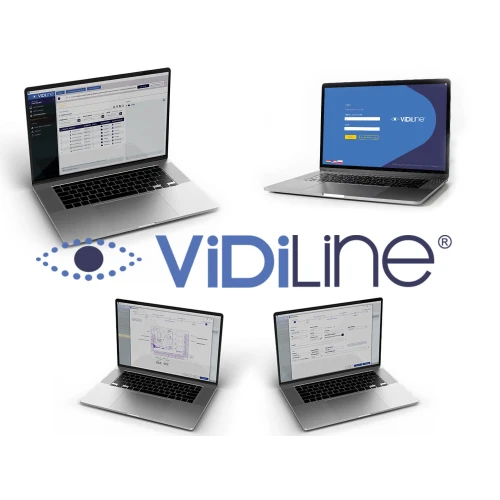 Na zdjęciu widoczne są cztery laptopy z różnymi ekranami, przedstawiającymi interfejsy oprogramowania do kontroli dostępu. W centrum znajduje się logo Vidiline.